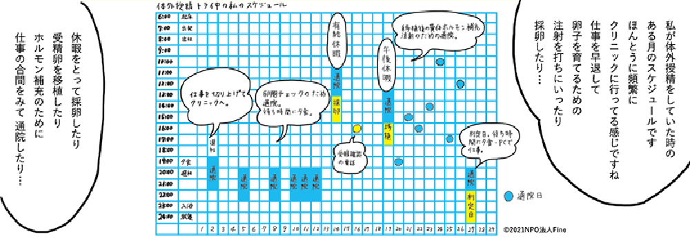 私が体外受精をしていた時のある月のスケジュールです。ほんとうに頻繁にクリニックに行ってる感じですね。仕事を早退して卵子を育てるための注射を打ちに行ったり採卵したり。休暇をとって採卵したり受精卵を移植したりホルモン補充のために仕事の合間を見て通院したり。